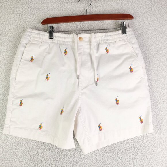 Polo Ralph Lauren Shorts Mens Medium White All Over Print Rainbow Pony Stretch - Picture 1 of 11